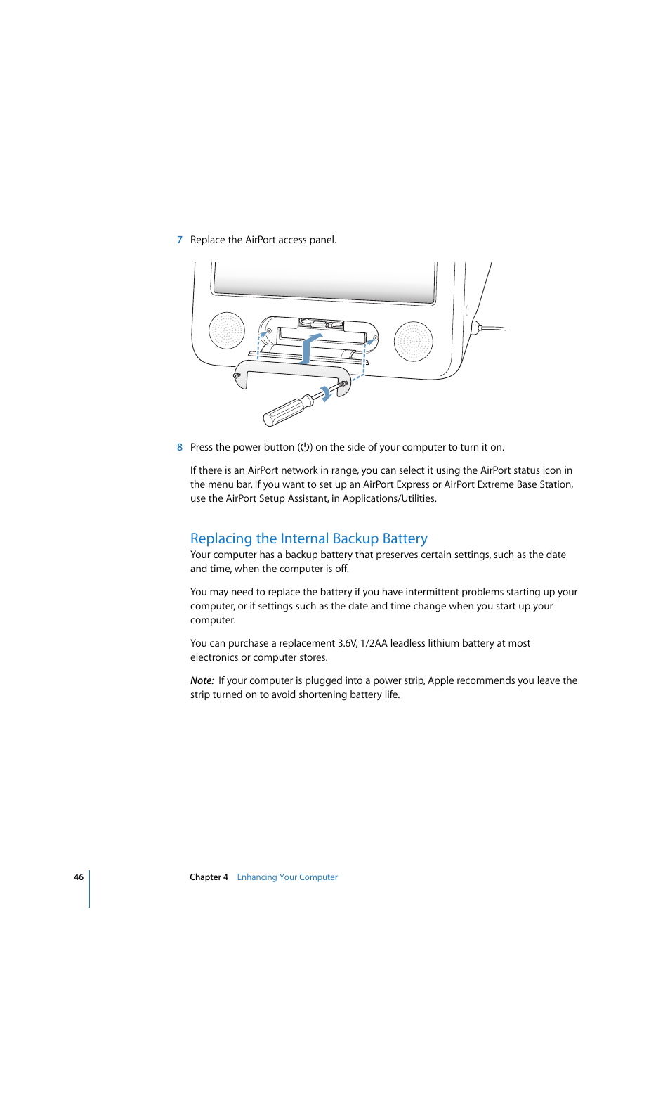 Replacing the internal backup battery | Apple eMac 2005 User Manual | Page 46 / 96