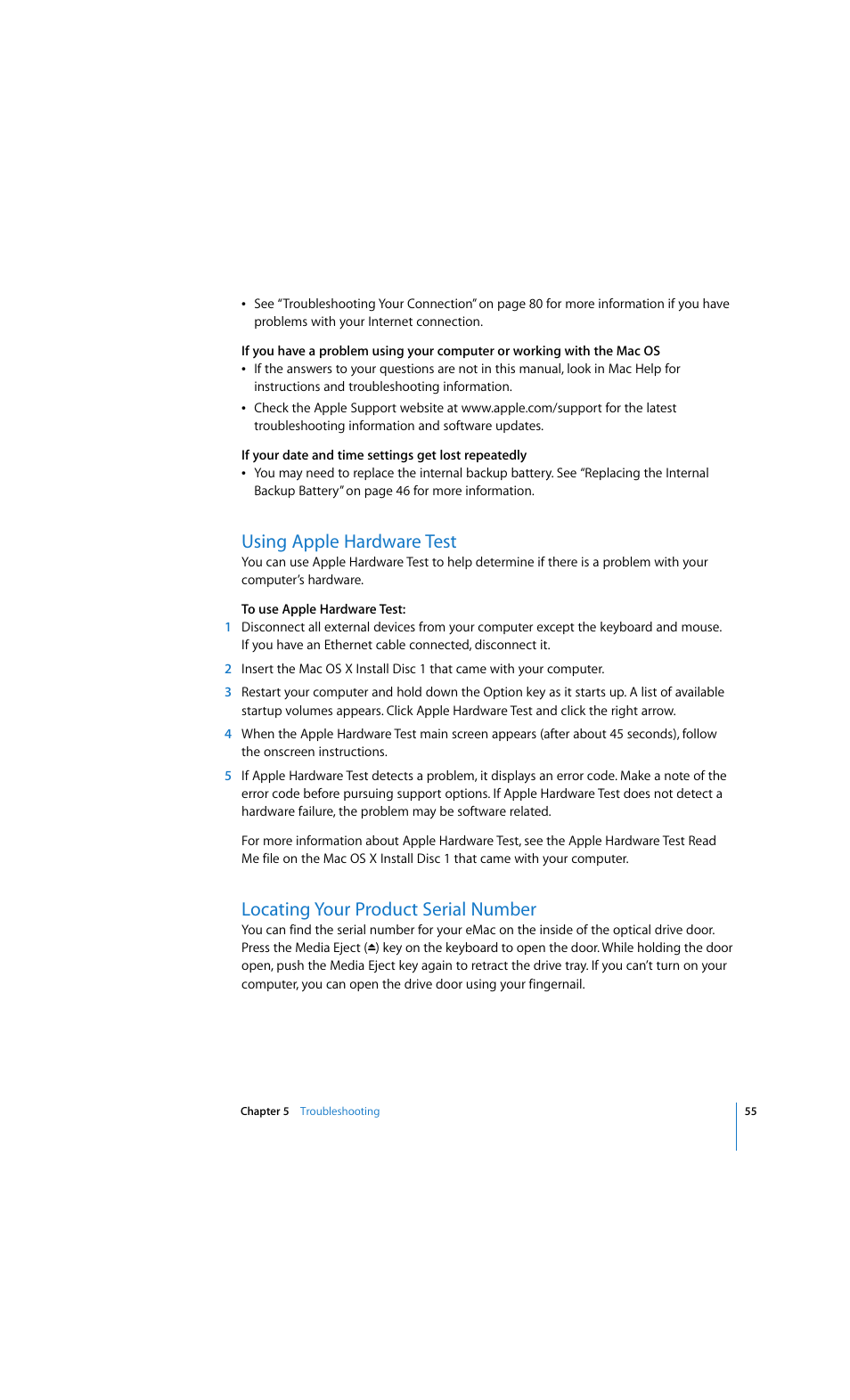 Using apple hardware test, Locating your product serial number | Apple eMac 2005 User Manual | Page 55 / 96