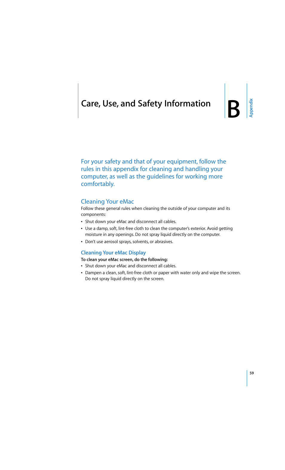 Care, use, and safety information | Apple eMac 2005 User Manual | Page 59 / 96