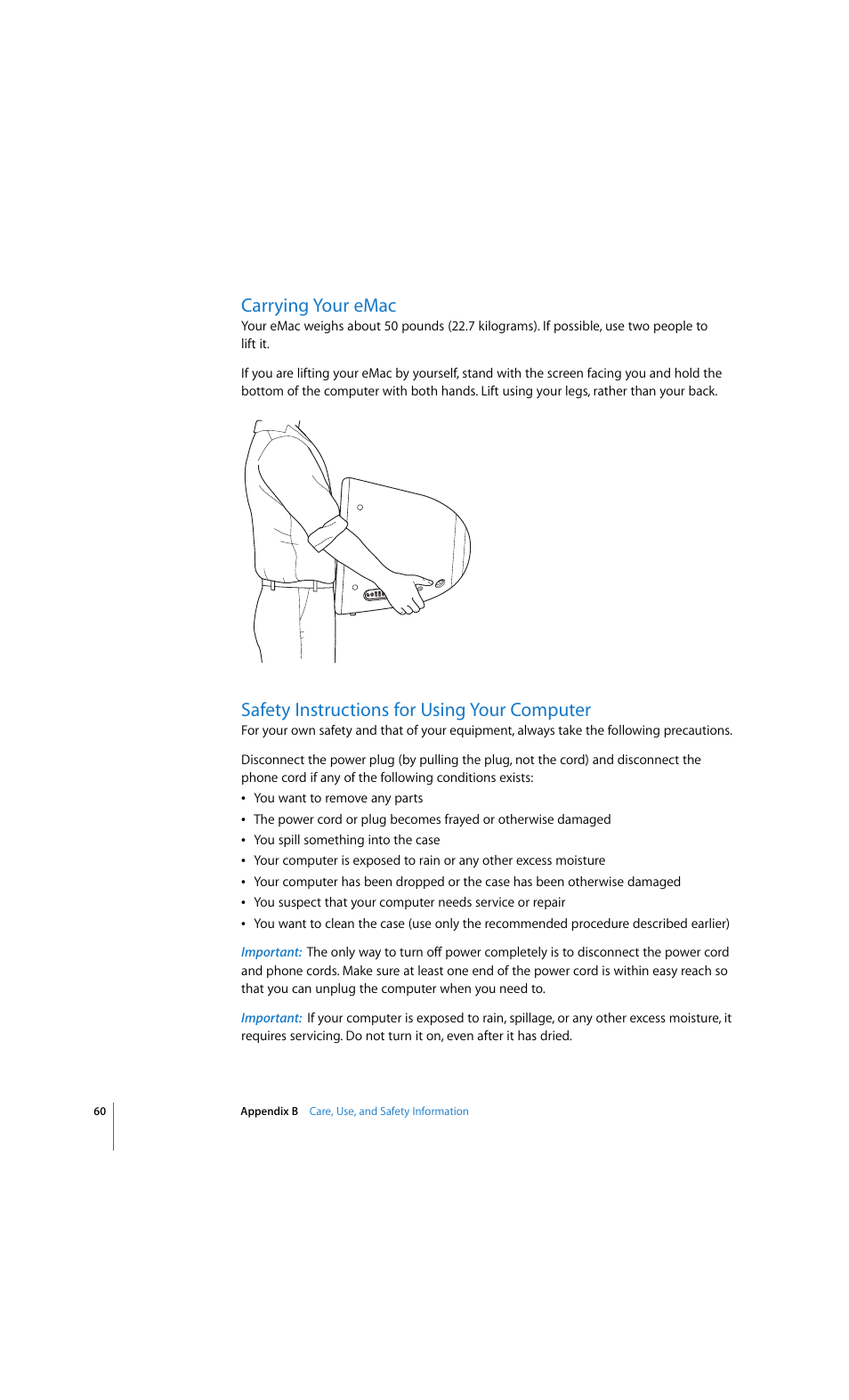 Carrying your emac, Safety instructions for using your computer | Apple eMac 2005 User Manual | Page 60 / 96