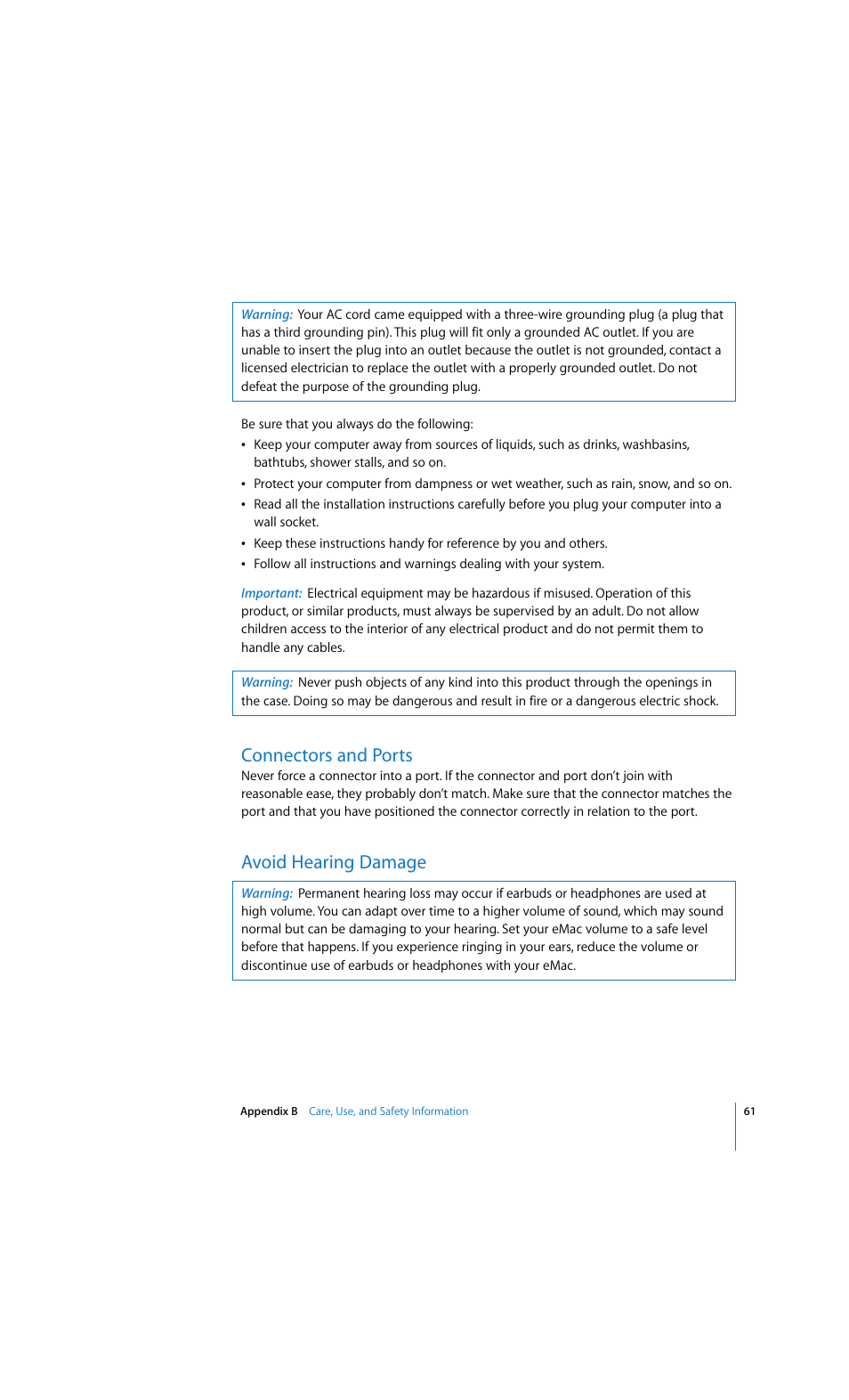Connectors and ports, Avoid hearing damage | Apple eMac 2005 User Manual | Page 61 / 96