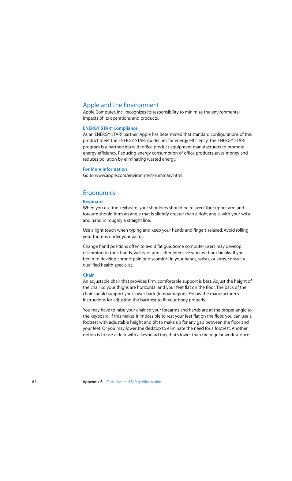 Apple and the environment, Ergonomics | Apple eMac 2005 User Manual | Page 62 / 96