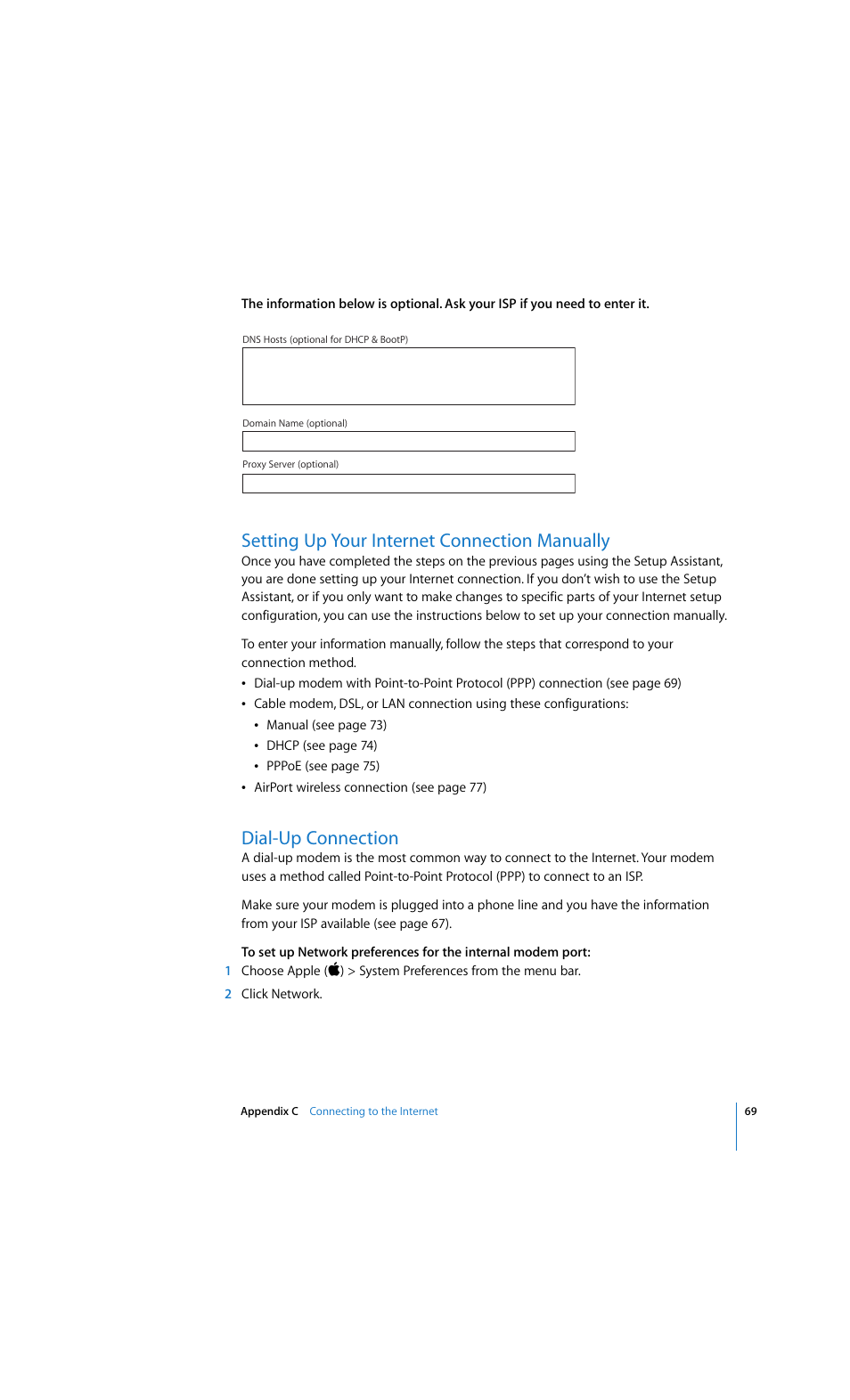 Setting up your internet connection manually, Dial-up connection | Apple eMac 2005 User Manual | Page 69 / 96