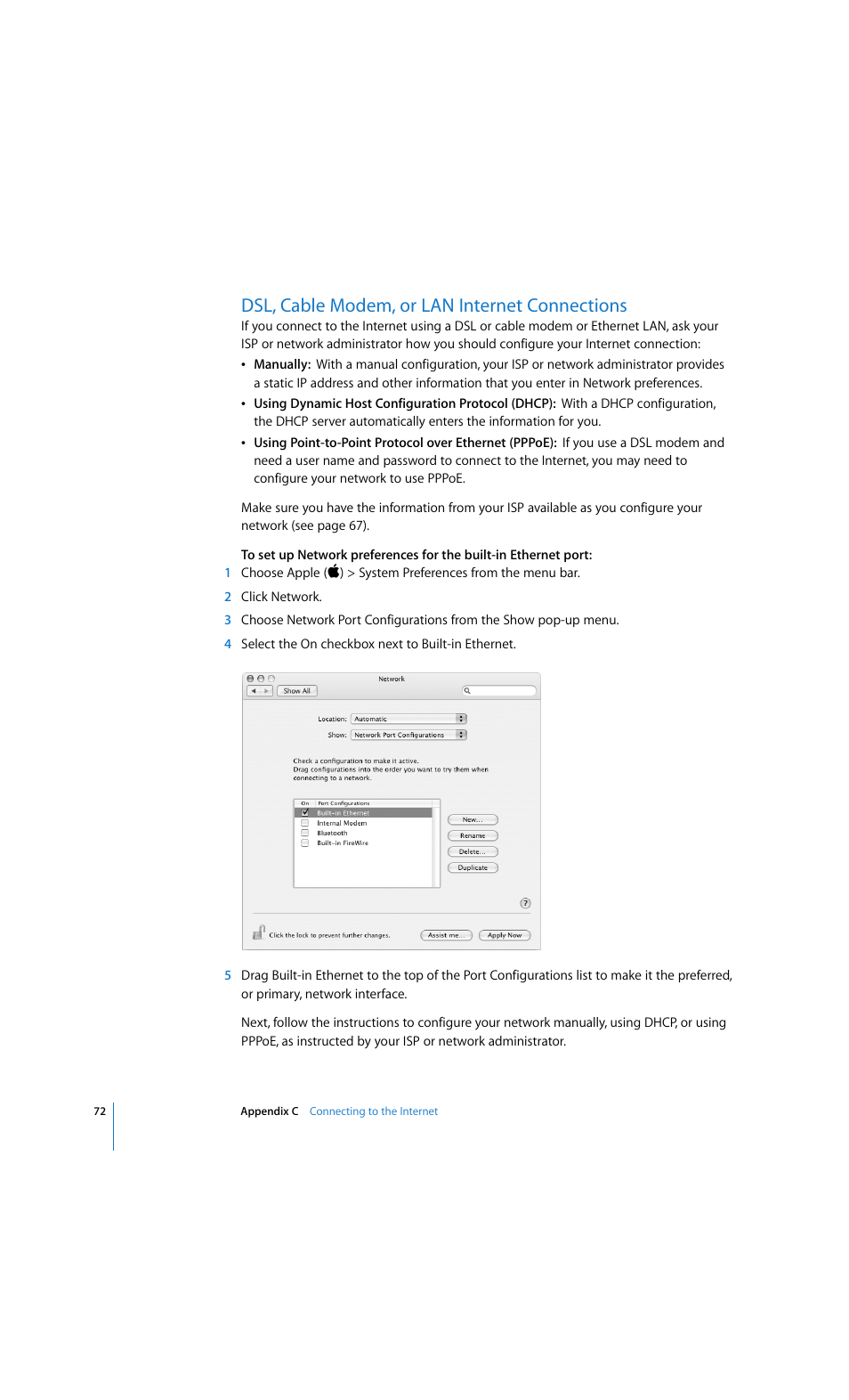 Dsl, cable modem, or lan internet connections | Apple eMac 2005 User Manual | Page 72 / 96