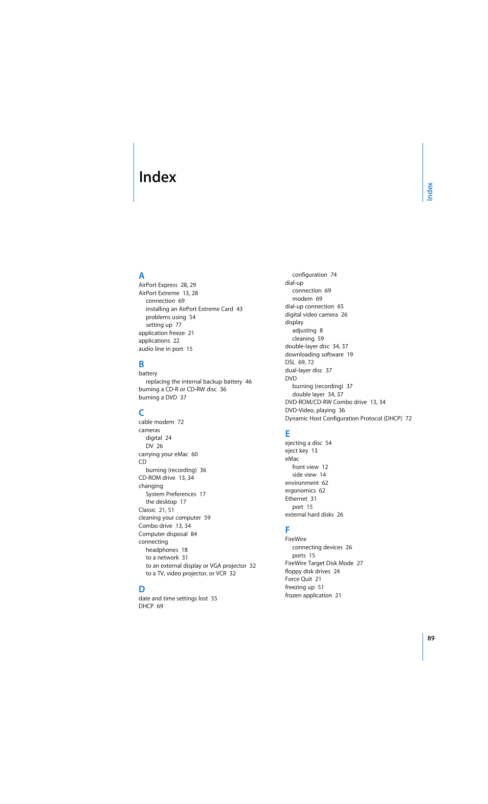 Index | Apple eMac 2005 User Manual | Page 89 / 96