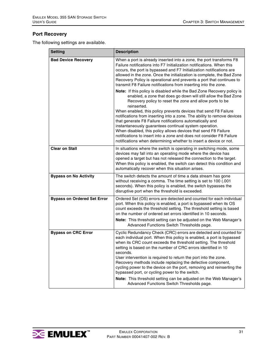 Port recovery | Emulex 355 (for Apple) User Manual | Page 34 / 72