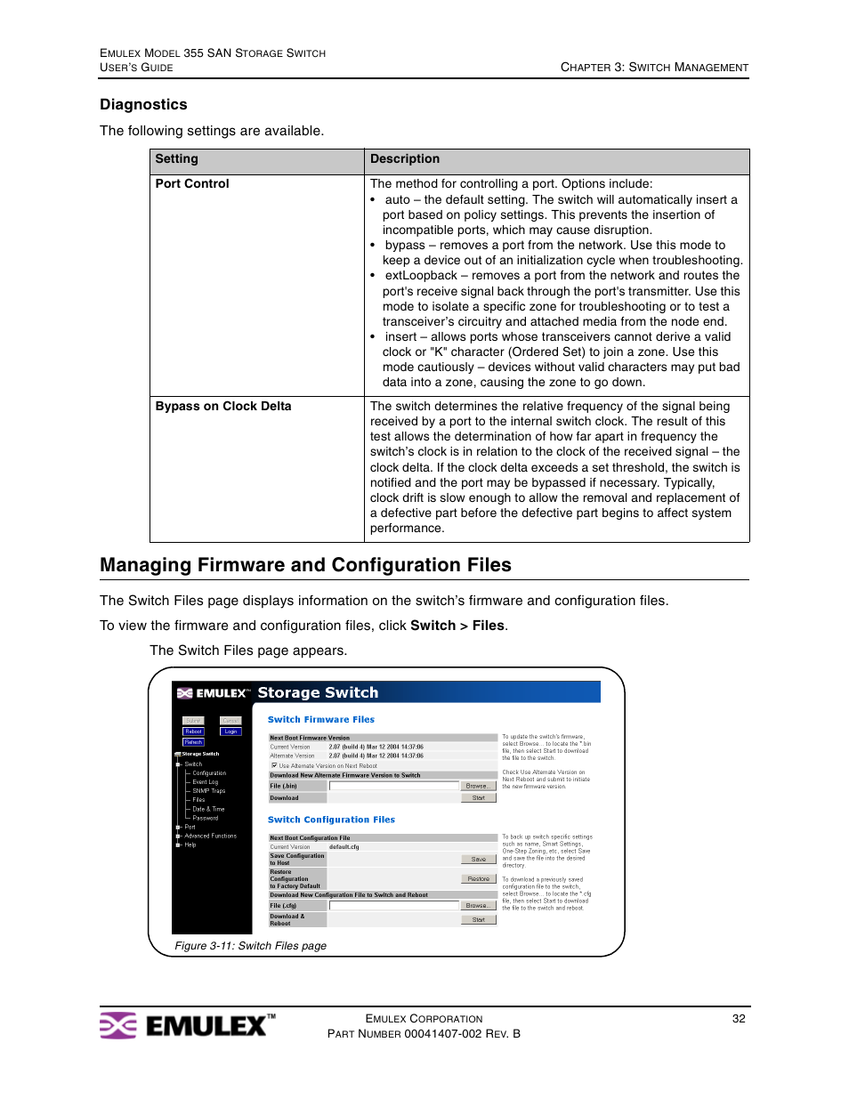 Managing firmware and configuration files, Diagnostics | Emulex 355 (for Apple) User Manual | Page 35 / 72
