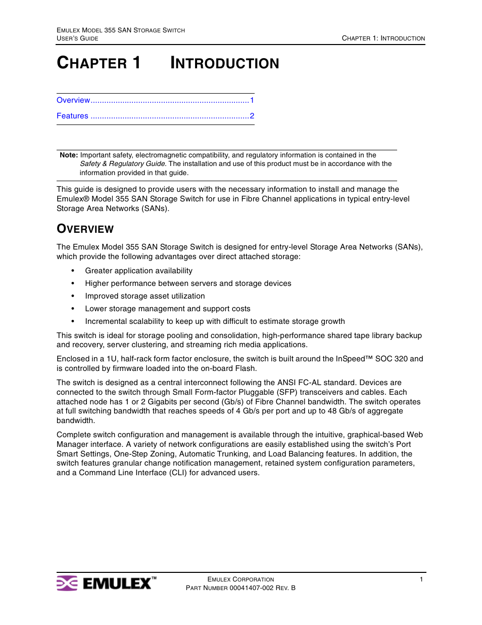 Chapter 1 introduction, Overview, Chapter 1: introduction | Hapter, Ntroduction, Verview | Emulex 355 (for Apple) User Manual | Page 4 / 72