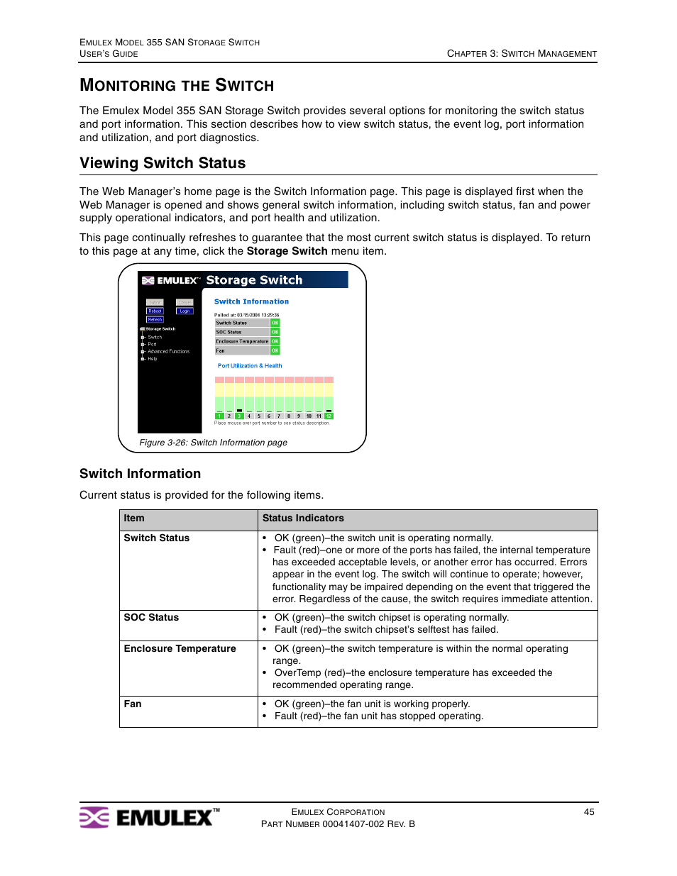 Monitoring the switch, Viewing switch status, Onitoring | Witch, Switch information | Emulex 355 (for Apple) User Manual | Page 48 / 72
