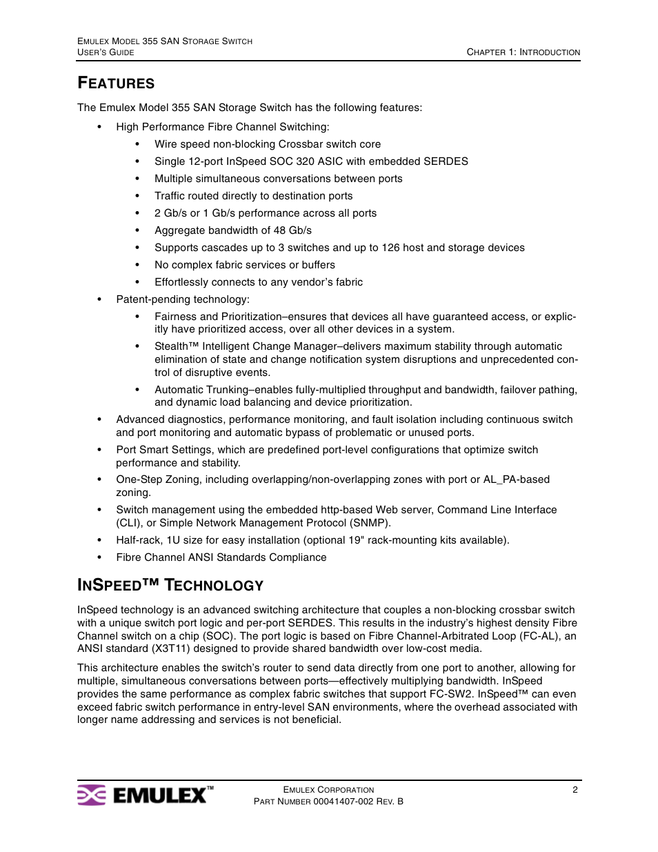 Features, Inspeed™ technology, Eatures | Peed, Echnology | Emulex 355 (for Apple) User Manual | Page 5 / 72
