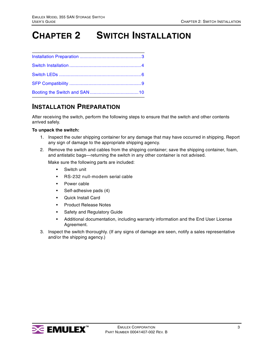 Chapter 2 switch installation, Installation preparation, Chapter 2: switch installation | Hapter, Witch, Nstallation | Emulex 355 (for Apple) User Manual | Page 6 / 72