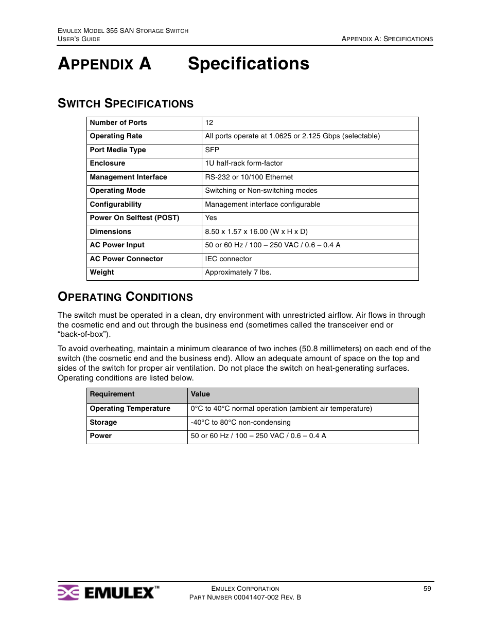 Appendix a specifications, Switch specifications, Operating conditions | Appendix a: specifications, Operating, Aspecifications, Ppendix, Witch, Pecifications, Perating | Emulex 355 (for Apple) User Manual | Page 62 / 72