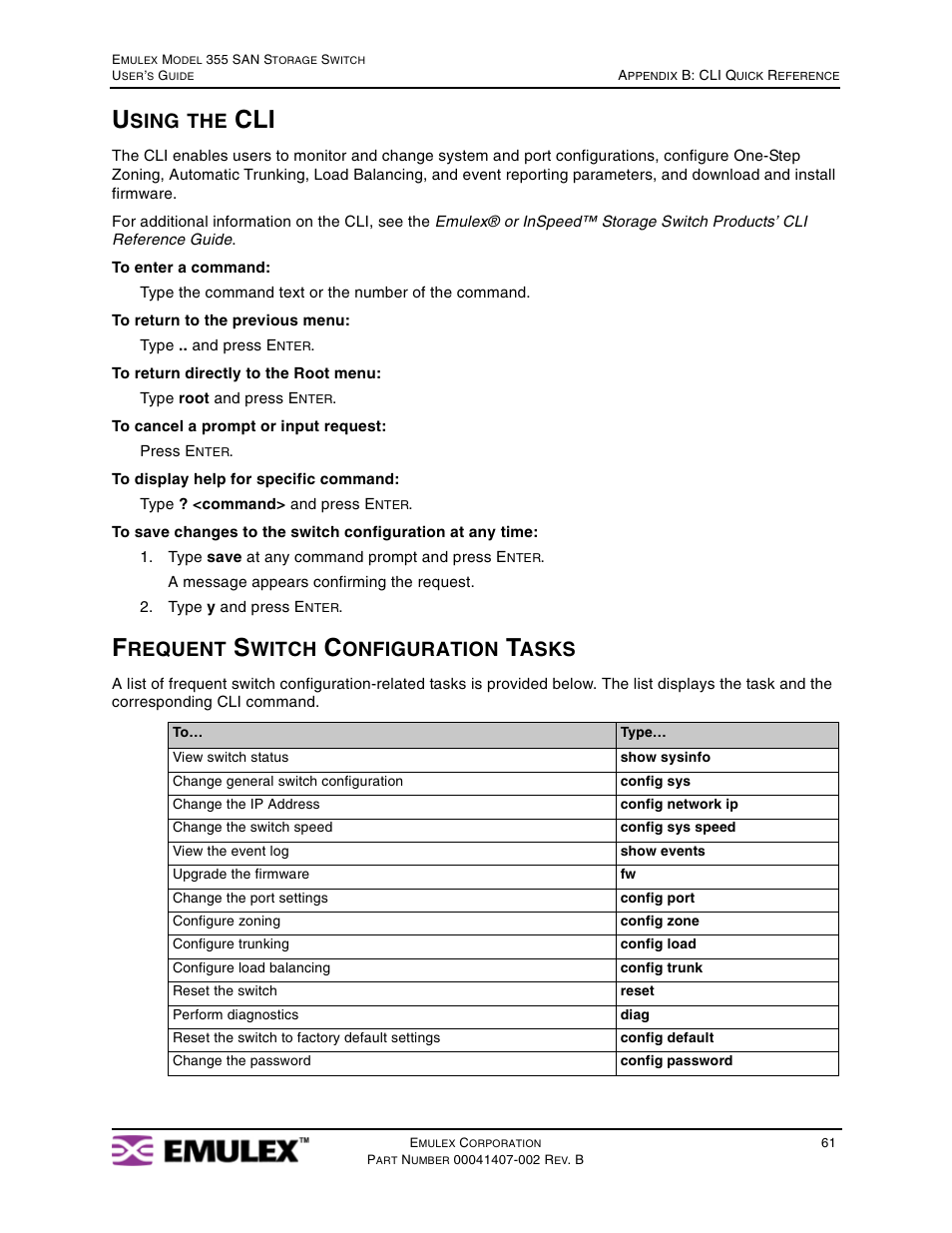 Using the cli, Frequent switch configuration tasks, Sing | Requent, Witch, Onfiguration, Asks | Emulex 355 (for Apple) User Manual | Page 64 / 72