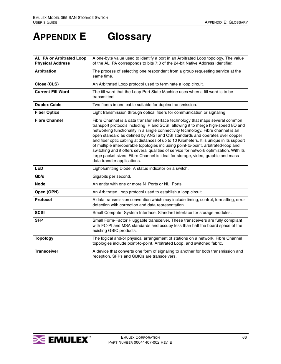Appendix e glossary, Appendix e: glossary, Eglossary | Ppendix | Emulex 355 (for Apple) User Manual | Page 69 / 72