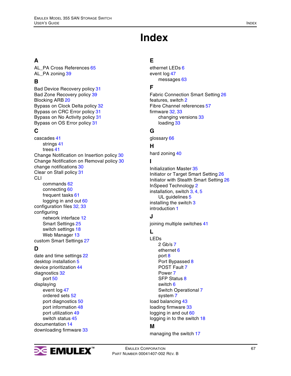 Index | Emulex 355 (for Apple) User Manual | Page 70 / 72
