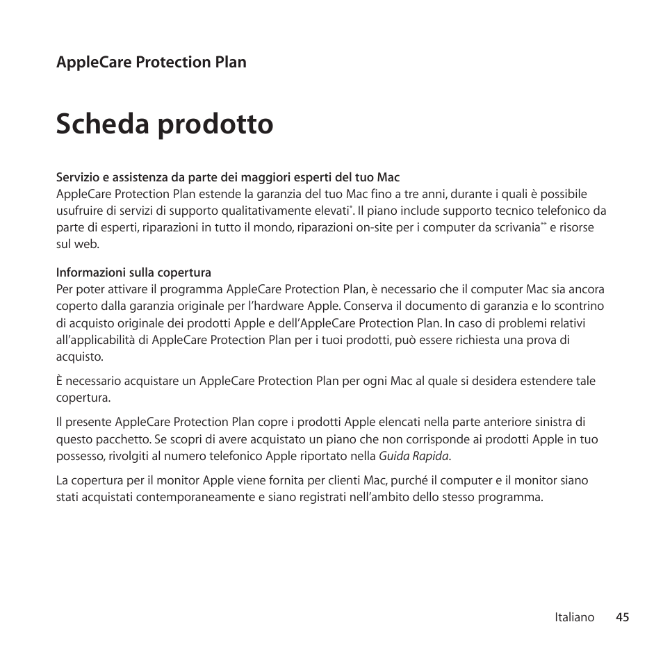 Scheda prodotto, Applecare protection plan | Apple AppleCare Protection Plan for Mac User Manual | Page 45 / 104