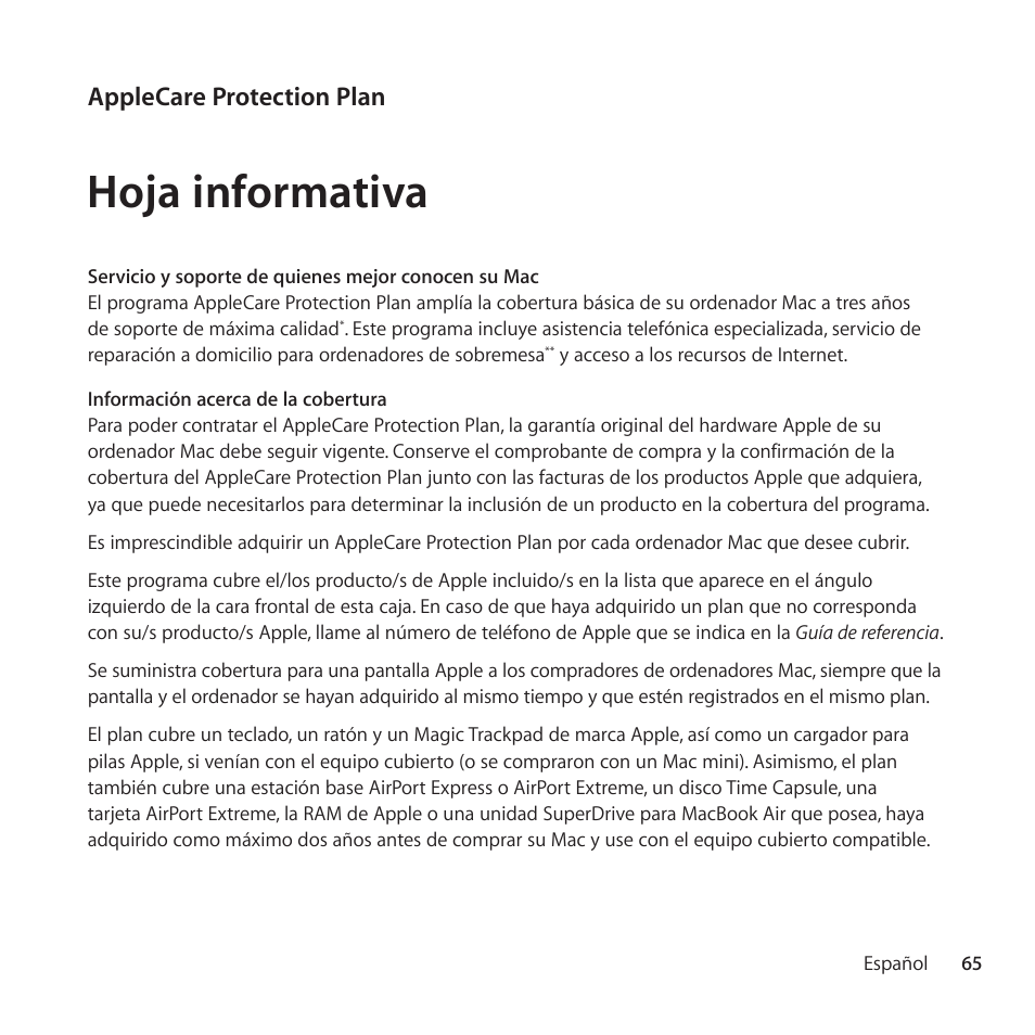 Hoja informativa, Applecare protection plan | Apple AppleCare Protection Plan for Mac User Manual | Page 65 / 104