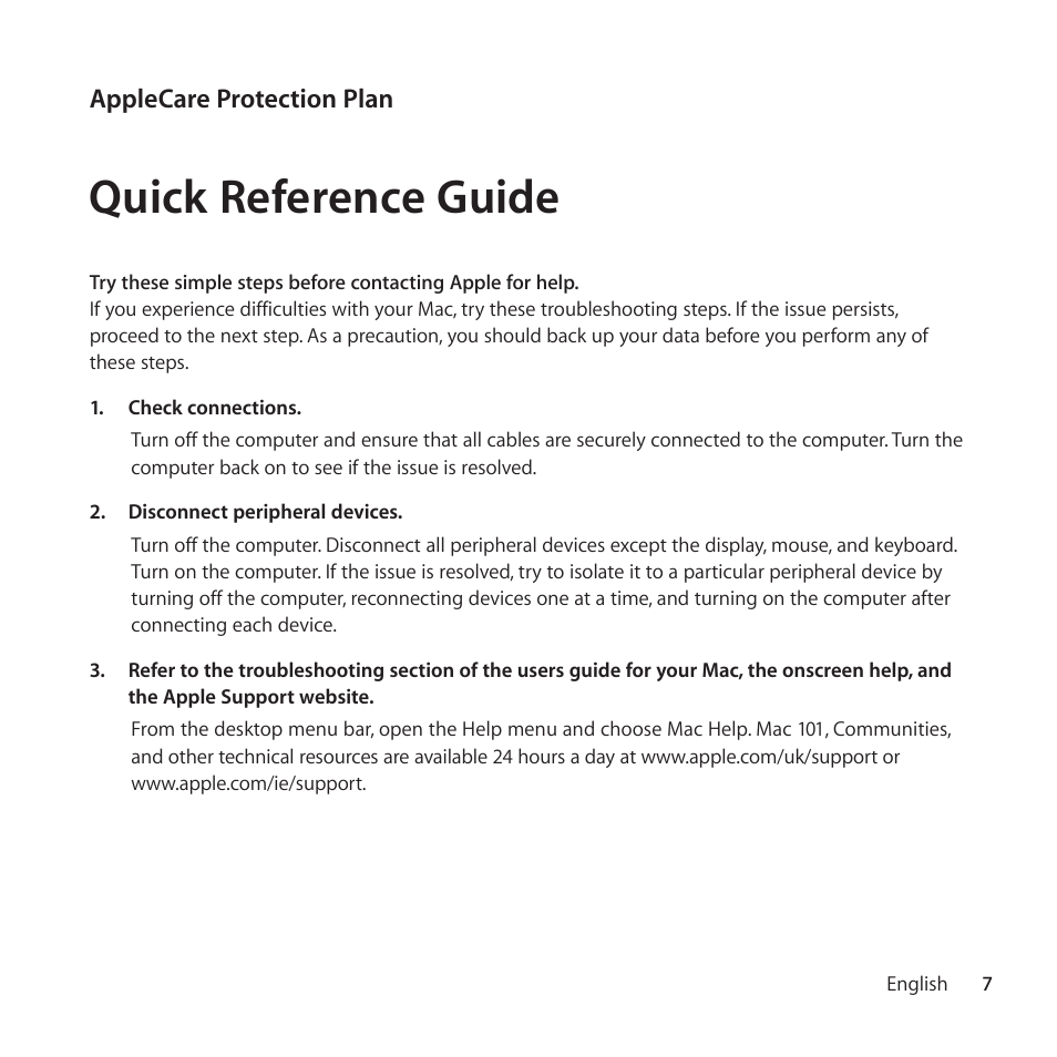 Quick reference guide | Apple AppleCare Protection Plan for Mac User Manual | Page 7 / 104