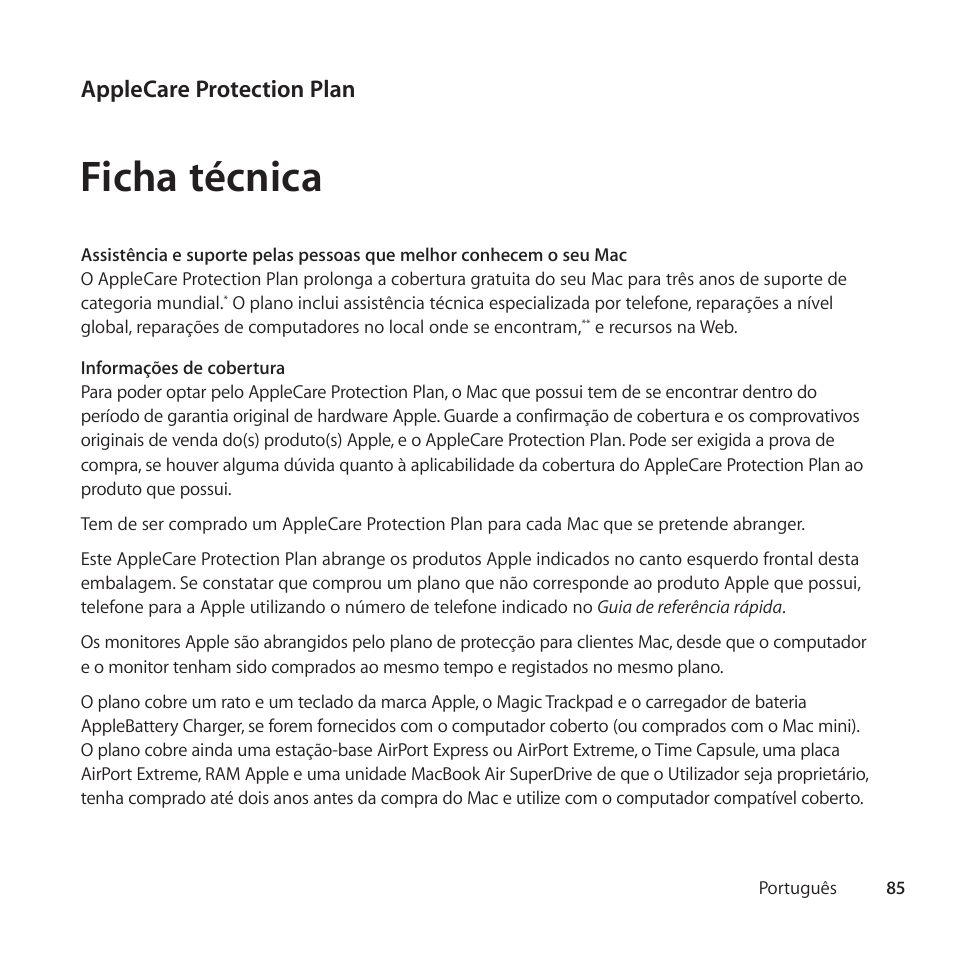 Ficha técnica, Applecare protection plan | Apple AppleCare Protection Plan for Mac User Manual | Page 85 / 104