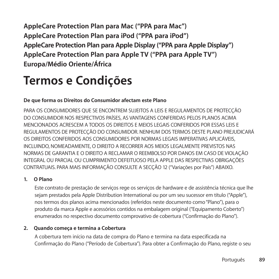 Termos e condições | Apple AppleCare Protection Plan for Mac User Manual | Page 89 / 104