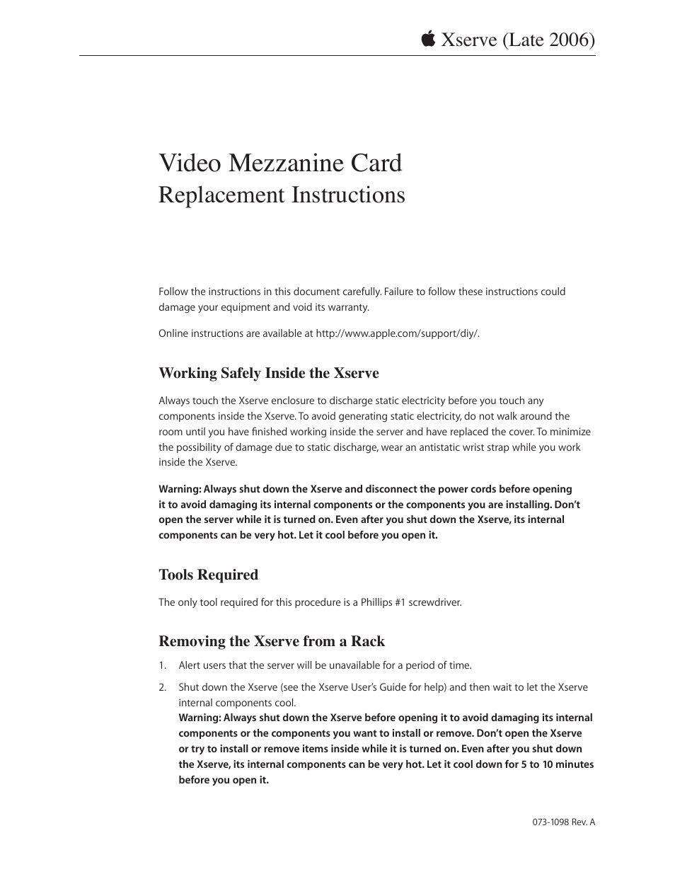 Apple Xserve Intel (Late 2006) DIY Procedure for Video Mezzanine Card User Manual | 5 pages