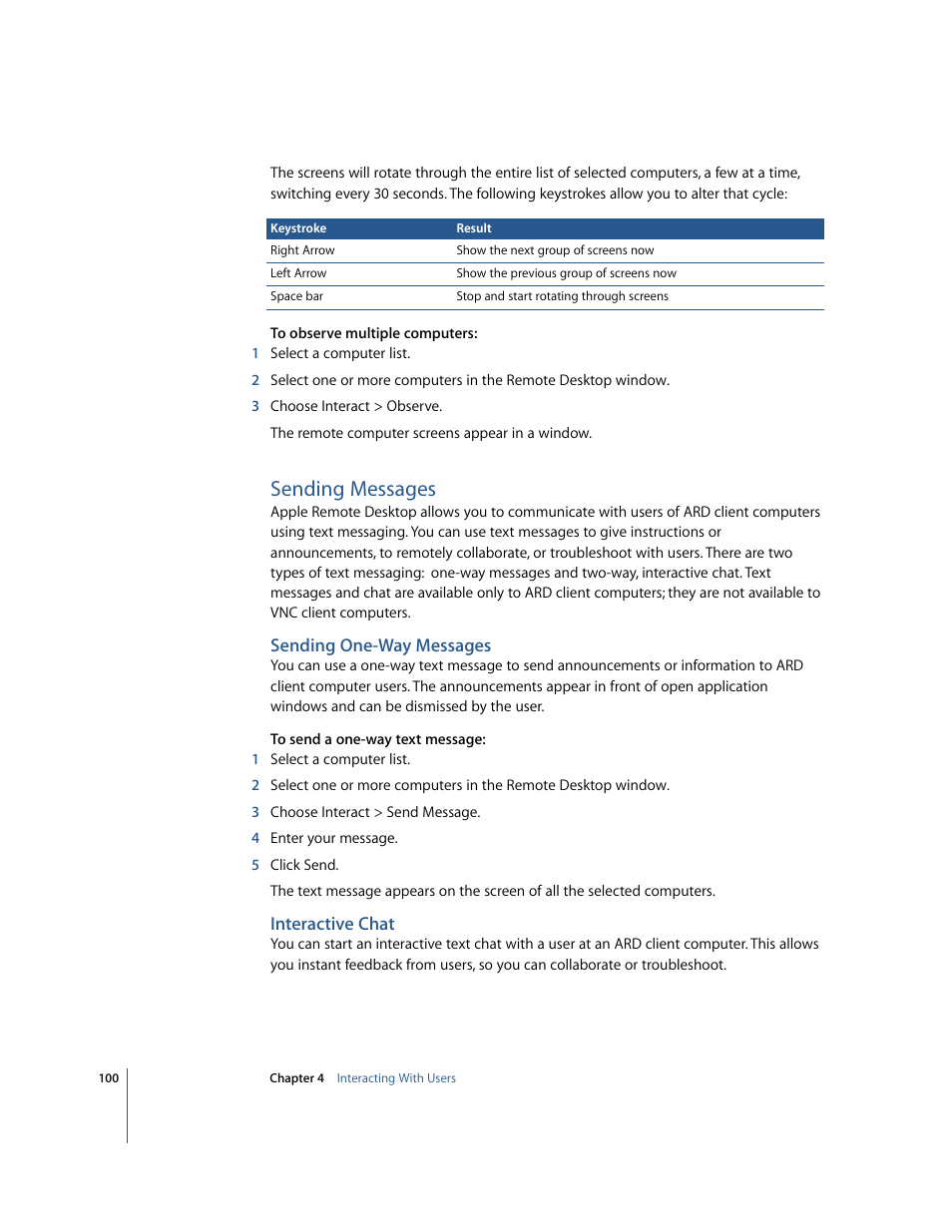 Sending messages, Sending one-way messages, Interactive chat | Apple Remote Desktop 2.2 User Manual | Page 100 / 116