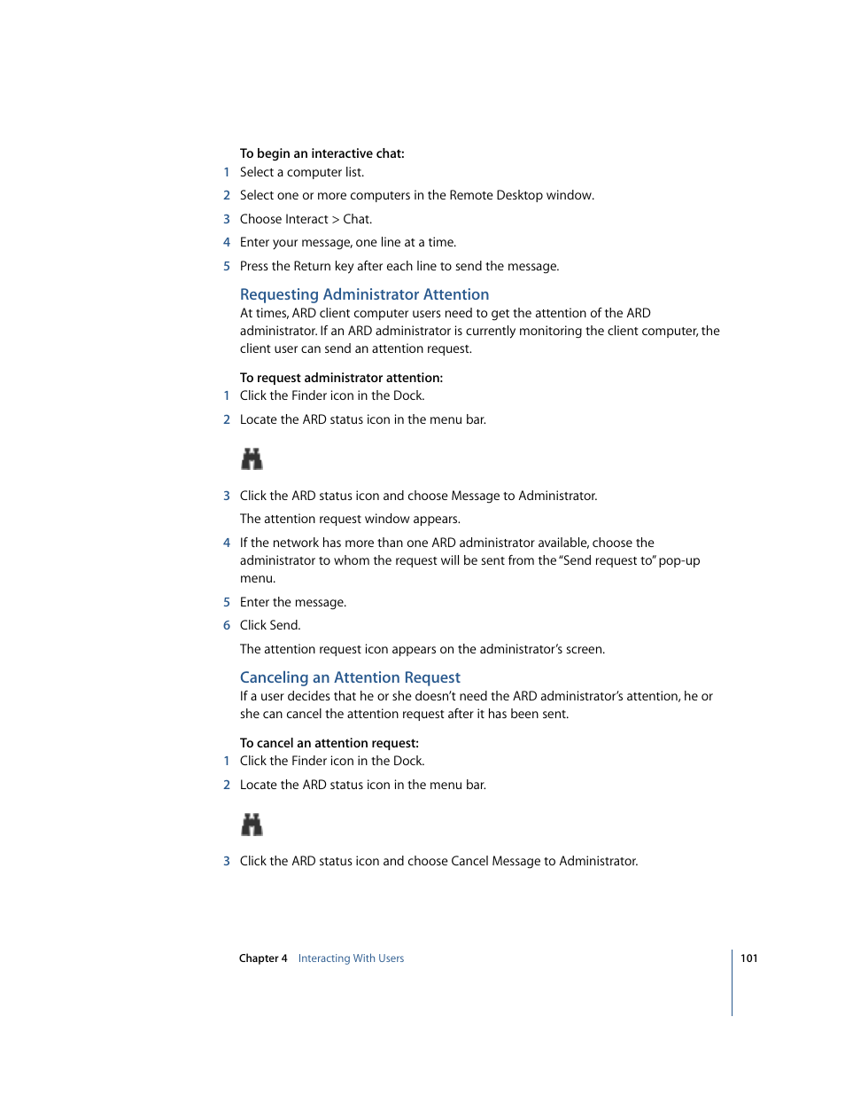 Requesting administrator attention, Canceling an attention request | Apple Remote Desktop 2.2 User Manual | Page 101 / 116