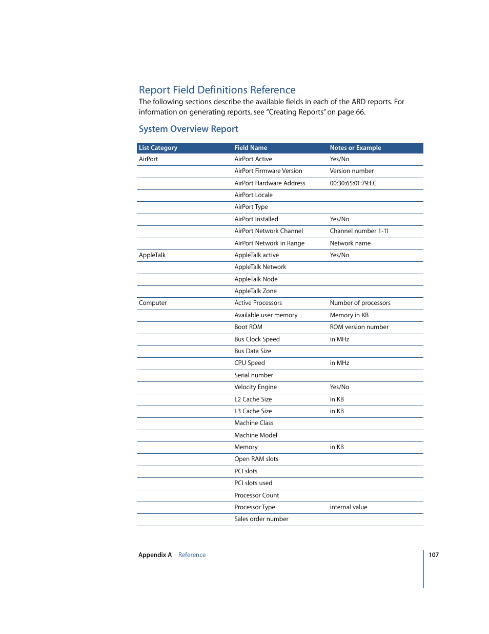 Report field definitions reference, System overview report | Apple Remote Desktop 2.2 User Manual | Page 107 / 116