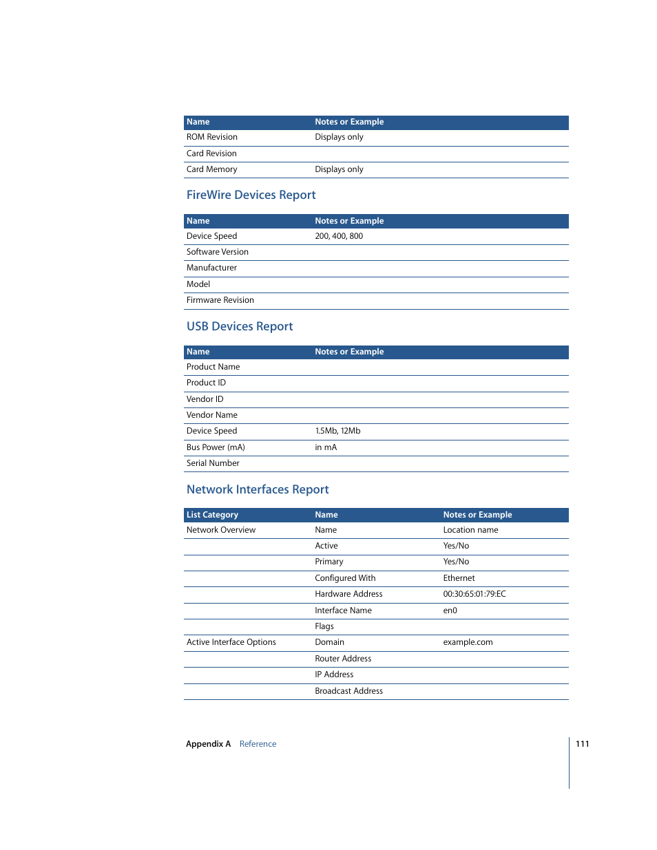 Firewire devices report, Usb devices report, Network interfaces report | Apple Remote Desktop 2.2 User Manual | Page 111 / 116
