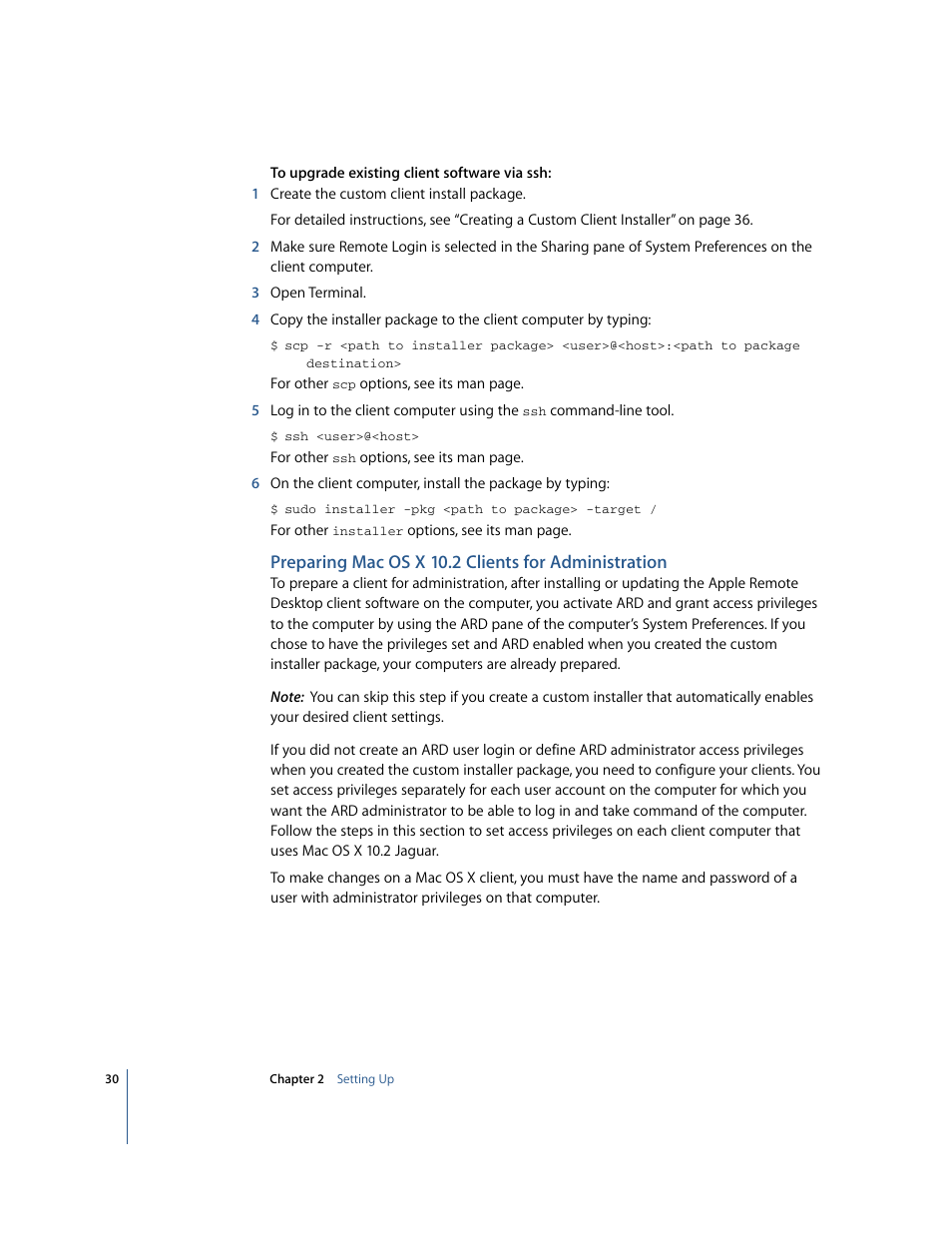 Preparing macosx 10.2 clients for administration, Preparing mac os x 10.2 clients for administration | Apple Remote Desktop 2.2 User Manual | Page 30 / 116