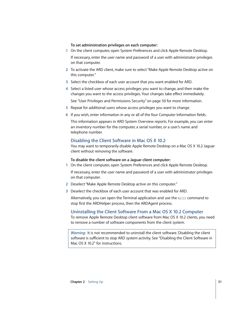 Disabling the client software in macosx 10.2 | Apple Remote Desktop 2.2 User Manual | Page 31 / 116