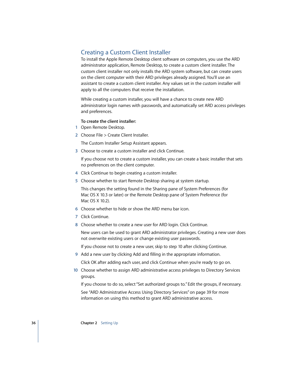 Creating a custom client installer | Apple Remote Desktop 2.2 User Manual | Page 36 / 116