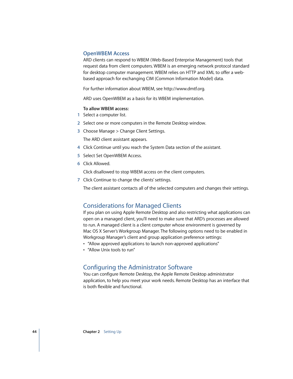 Openwbem access, Considerations for managed clients, Configuring the administrator software | Apple Remote Desktop 2.2 User Manual | Page 44 / 116