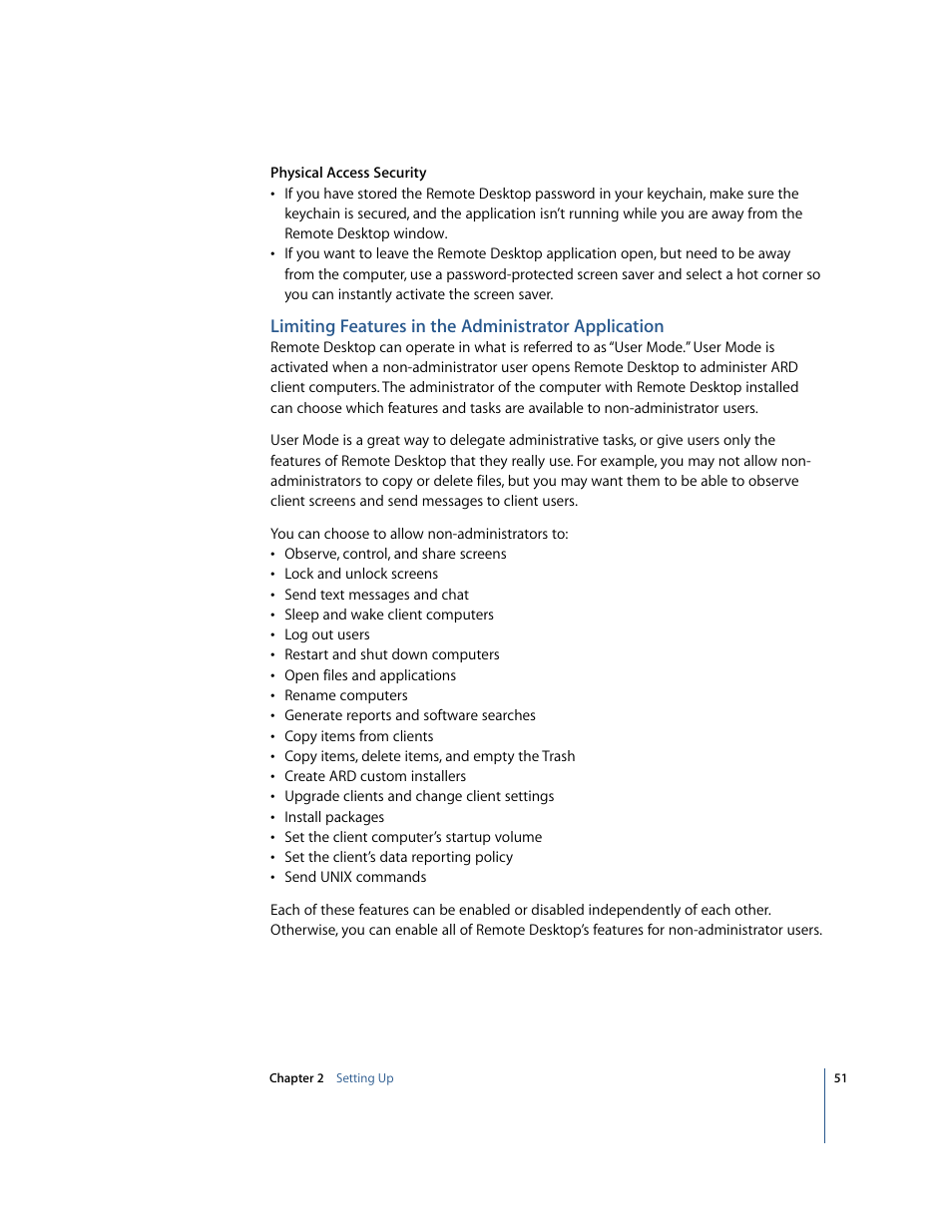 Limiting features in the administrator application | Apple Remote Desktop 2.2 User Manual | Page 51 / 116