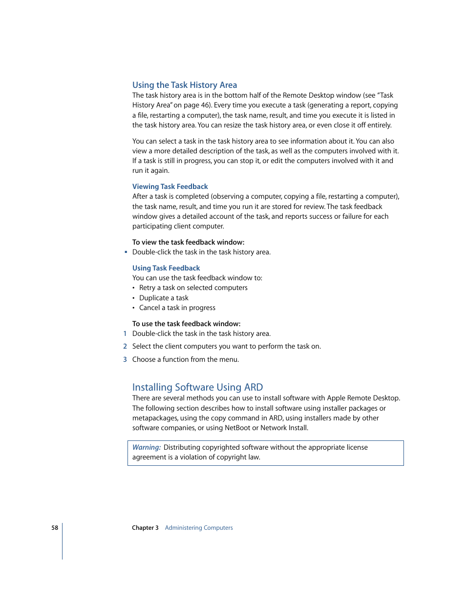 Using the task history area, Installing software using ard | Apple Remote Desktop 2.2 User Manual | Page 58 / 116