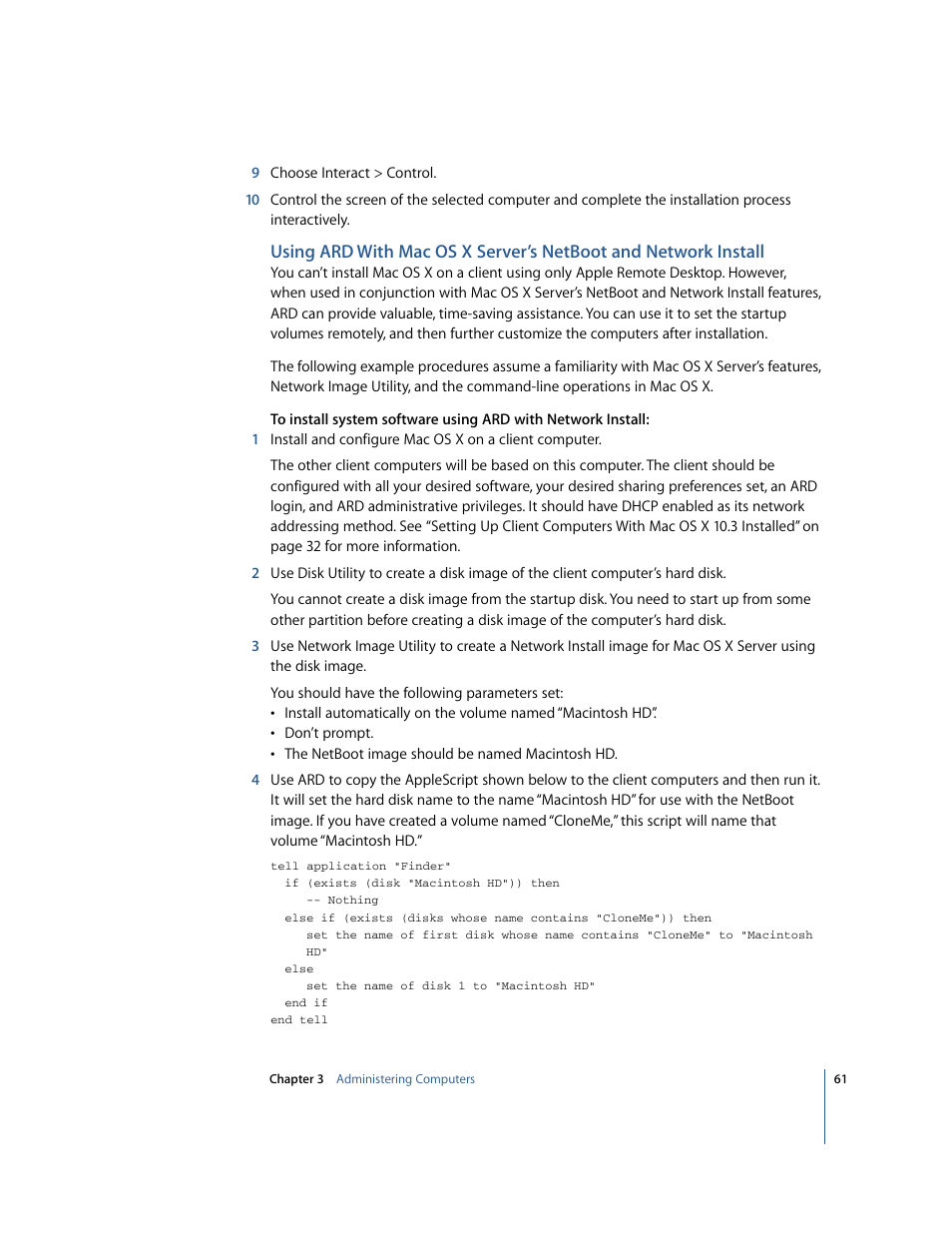 Using ard, With mac os x server’s netboot and network install | Apple Remote Desktop 2.2 User Manual | Page 61 / 116