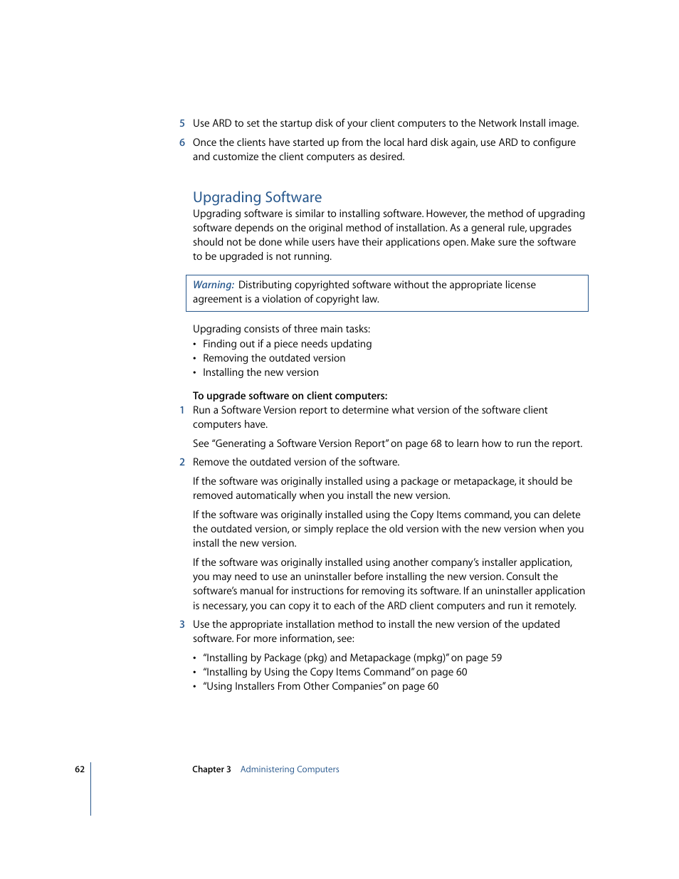 Upgrading software | Apple Remote Desktop 2.2 User Manual | Page 62 / 116