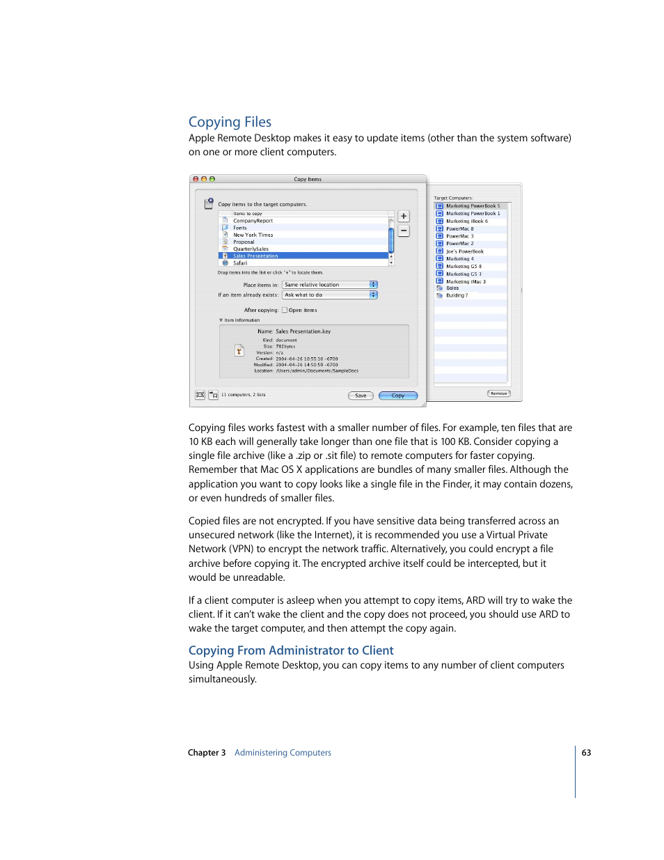Copying files, Copying from administrator to client | Apple Remote Desktop 2.2 User Manual | Page 63 / 116
