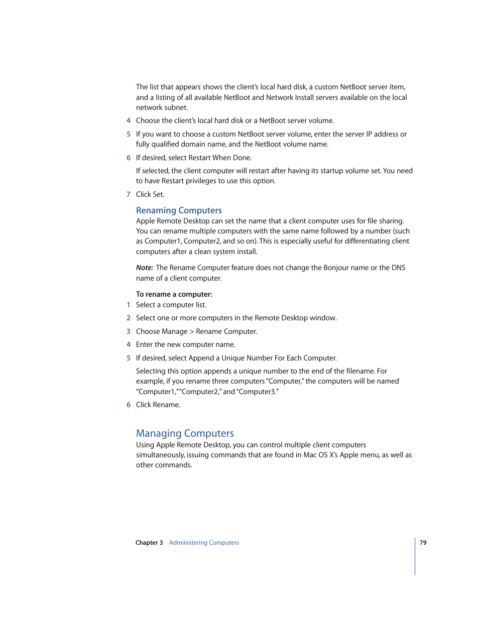 Renaming computers, Managing computers | Apple Remote Desktop 2.2 User Manual | Page 79 / 116