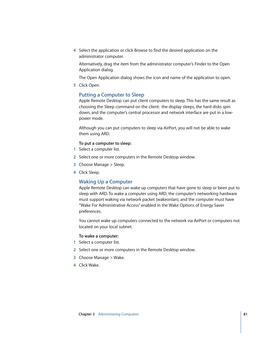 Putting a computer to sleep, Waking up a computer | Apple Remote Desktop 2.2 User Manual | Page 81 / 116