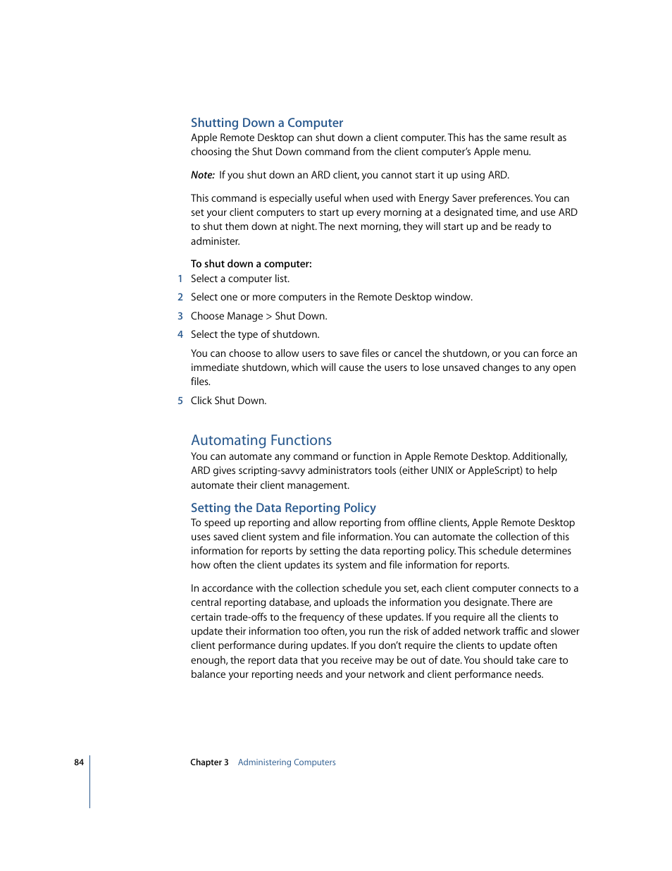 Shutting down a computer, Automating functions, Setting the data reporting policy | Apple Remote Desktop 2.2 User Manual | Page 84 / 116