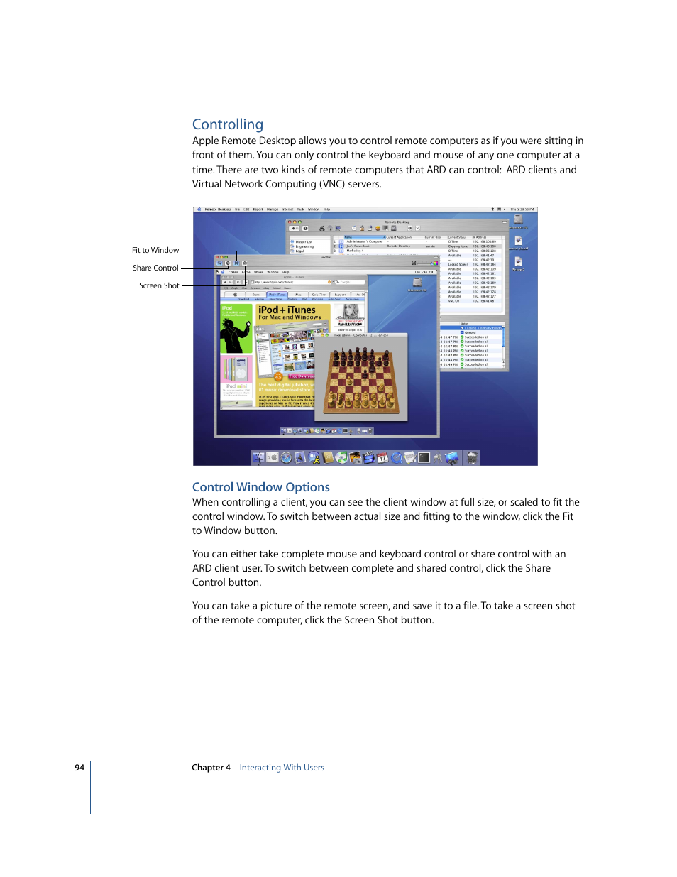 Controlling, Control window options | Apple Remote Desktop 2.2 User Manual | Page 94 / 116