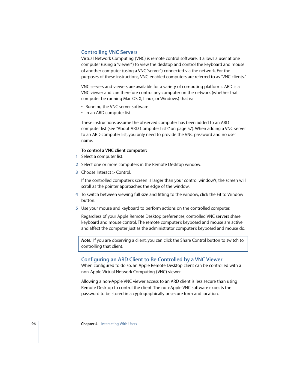 Controlling vnc servers | Apple Remote Desktop 2.2 User Manual | Page 96 / 116