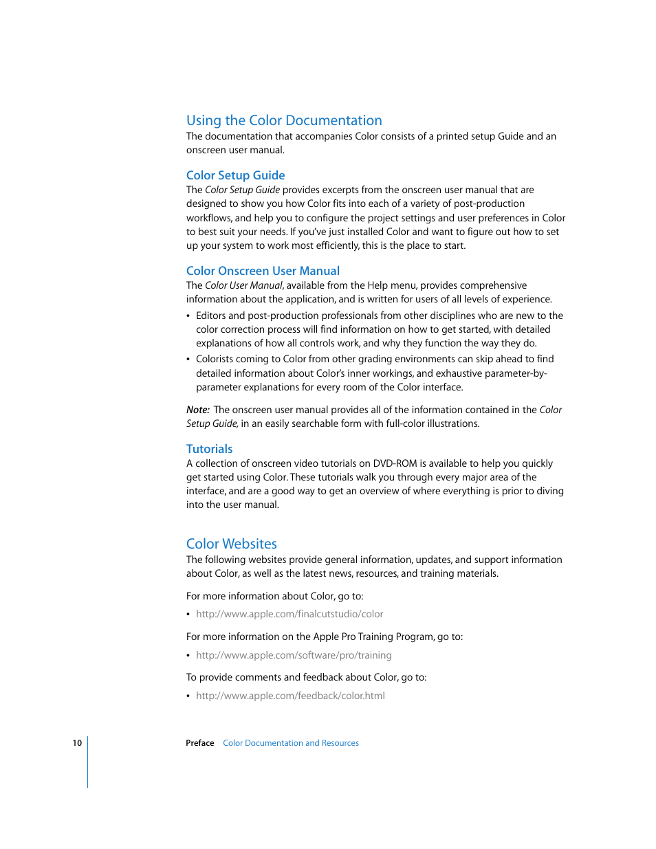 Using the color documentation, Color setup guide, Color onscreen user manual | Tutorials, Color websites | Apple Color 1.0 User Manual | Page 10 / 364