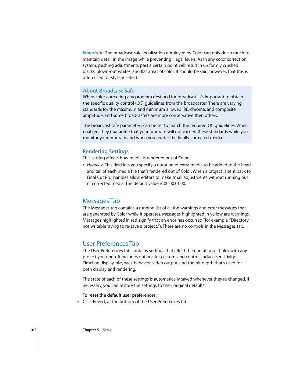 About broadcast safe, Rendering settings, Messages tab | User preferences tab, P. 102) | Apple Color 1.0 User Manual | Page 102 / 364