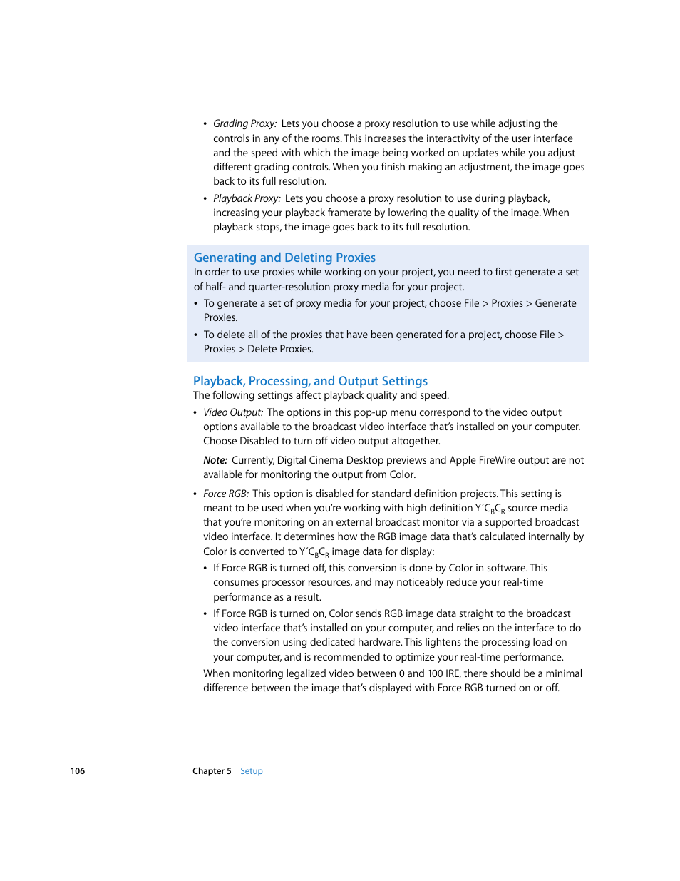 Generating and deleting proxies, Playback, processing, and output settings, Playback, processing, and output | Settings, Generating, And deleting proxies | Apple Color 1.0 User Manual | Page 106 / 364