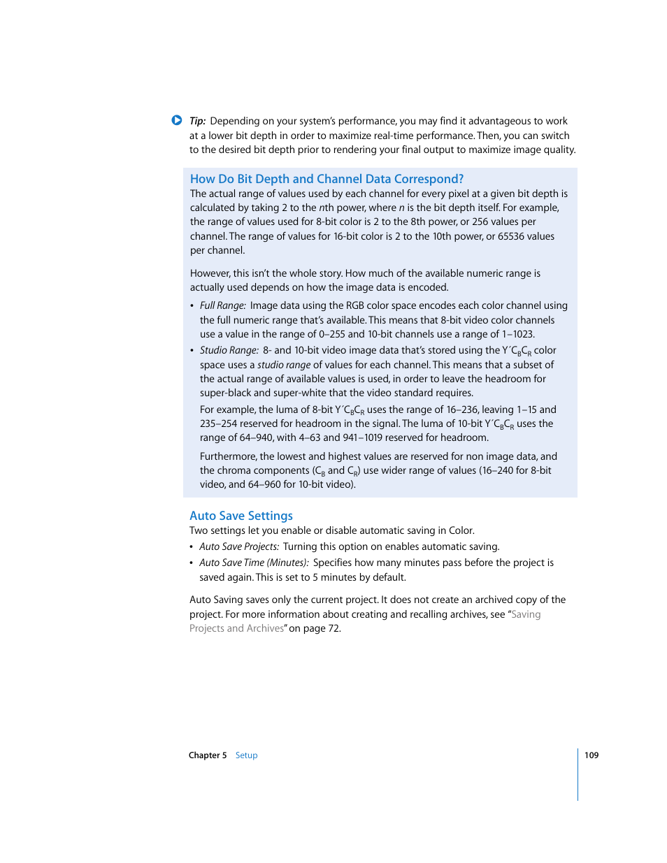 How do bit depth and channel data correspond, Auto save settings | Apple Color 1.0 User Manual | Page 109 / 364