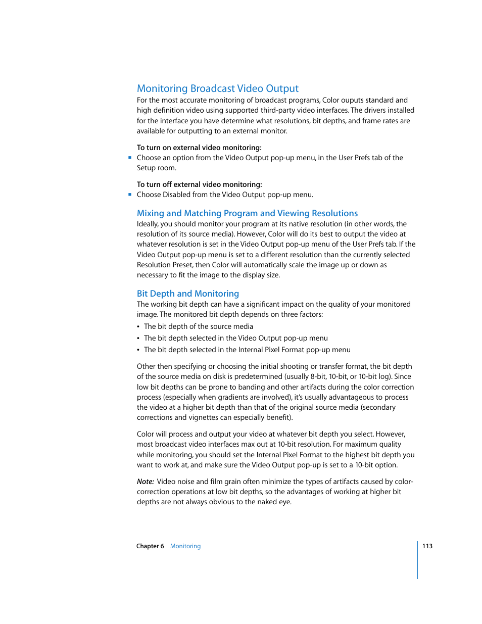 Monitoring broadcast video output, Bit depth and monitoring, P. 113) | Apple Color 1.0 User Manual | Page 113 / 364