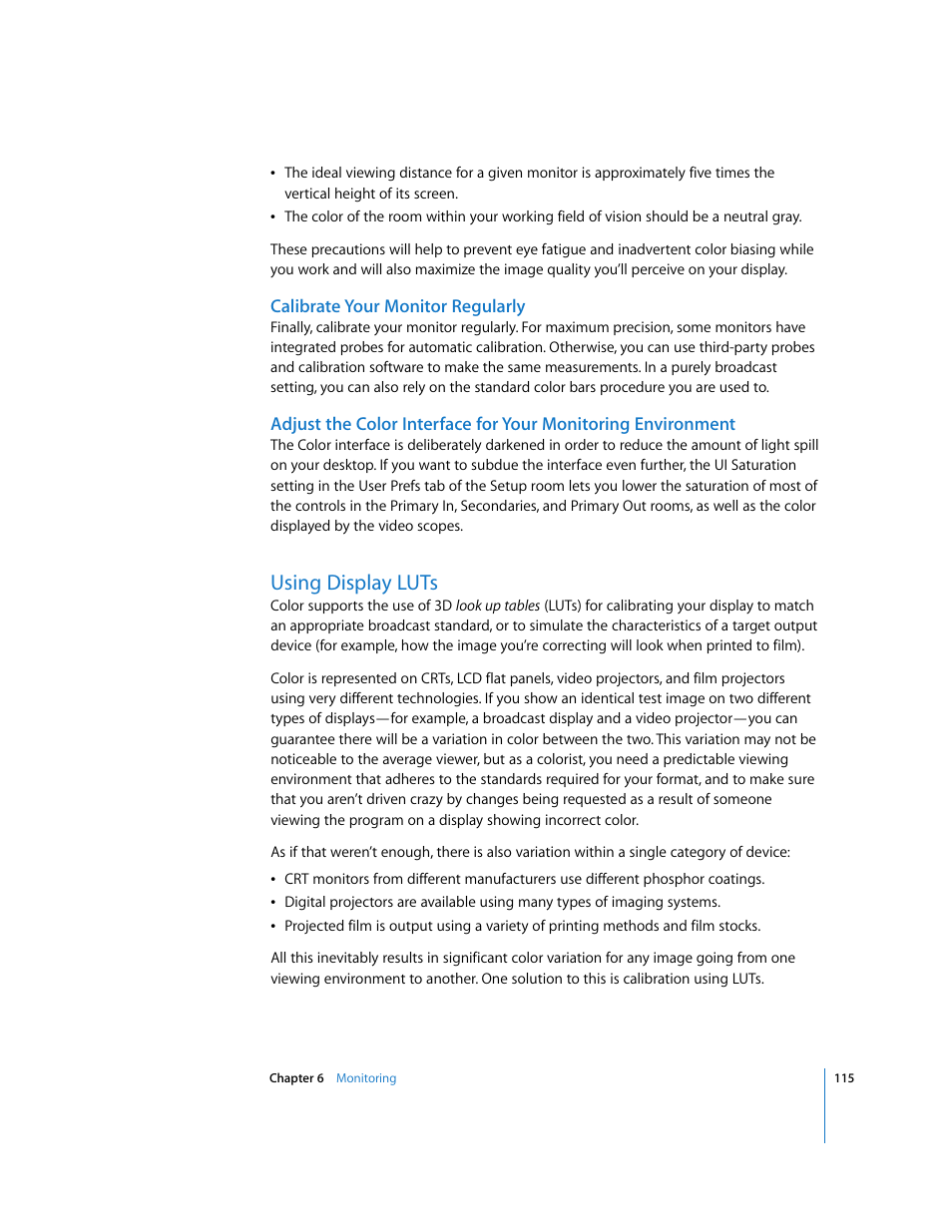 Calibrate your monitor regularly, Using display luts, P. 115) | Apple Color 1.0 User Manual | Page 115 / 364