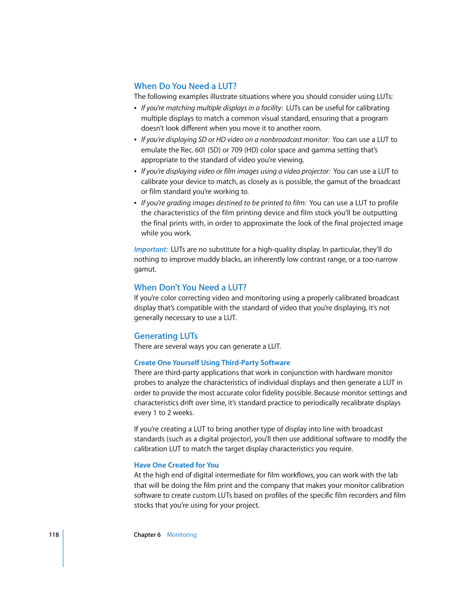 When do you need a lut, When don’t you need a lut, Generating luts | Apple Color 1.0 User Manual | Page 118 / 364